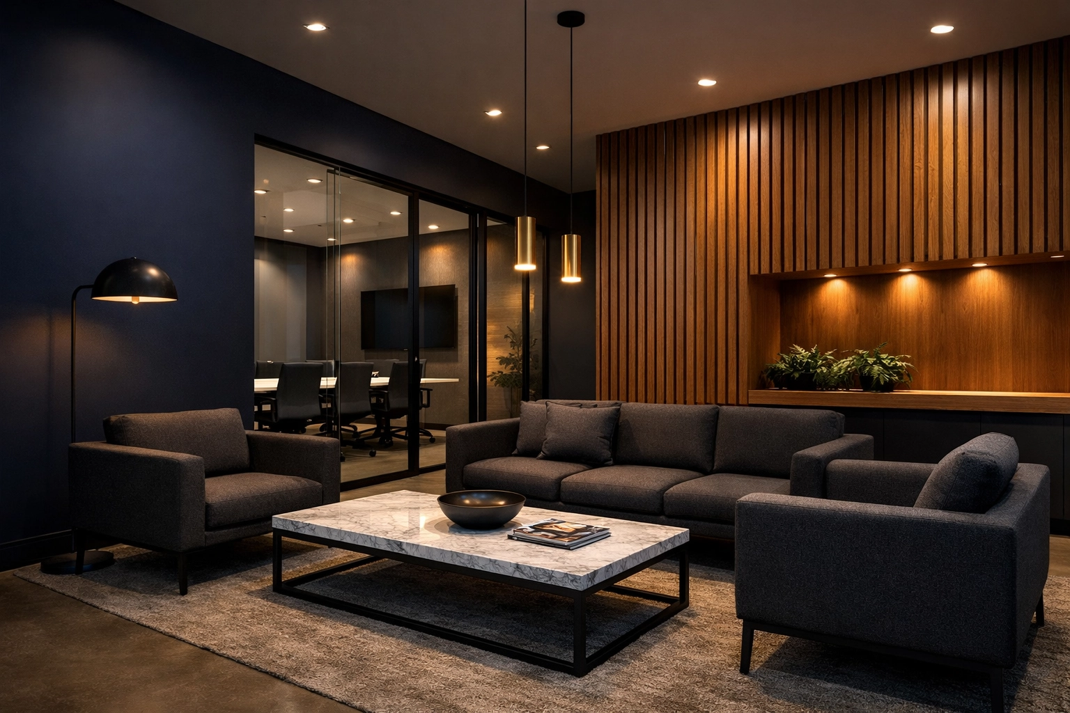 Stylish Cat B office refurbishment featuring a modern breakout zone and glass meeting room partitions.