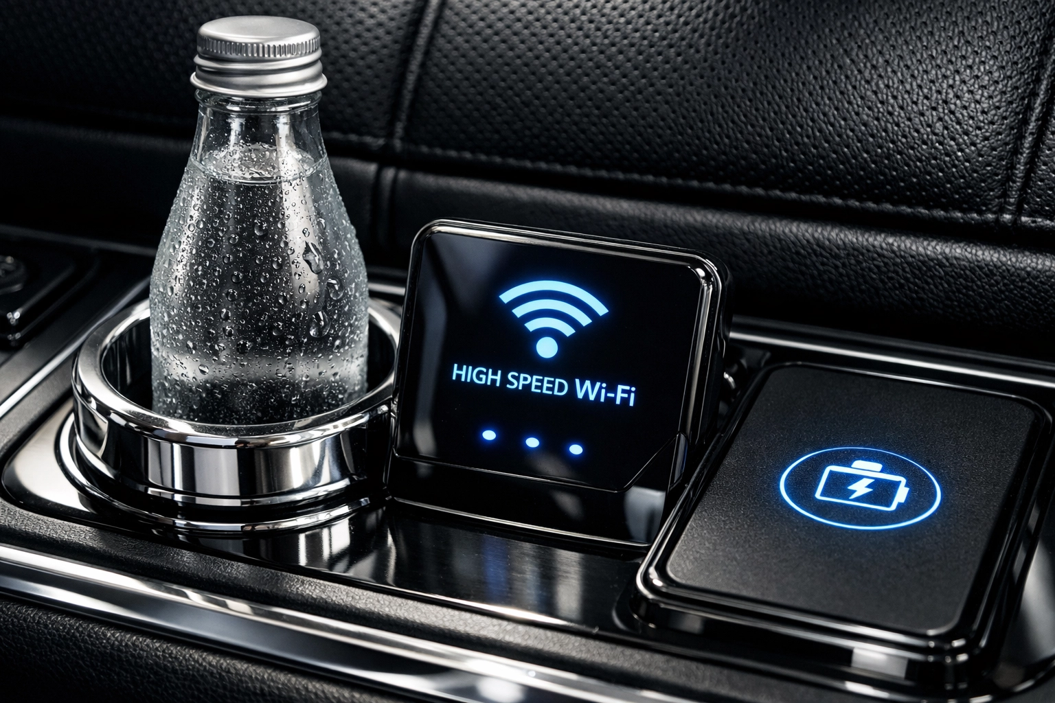 Luxury executive sprinter interior with Wi-Fi and premium hydration for corporate travel comfort.