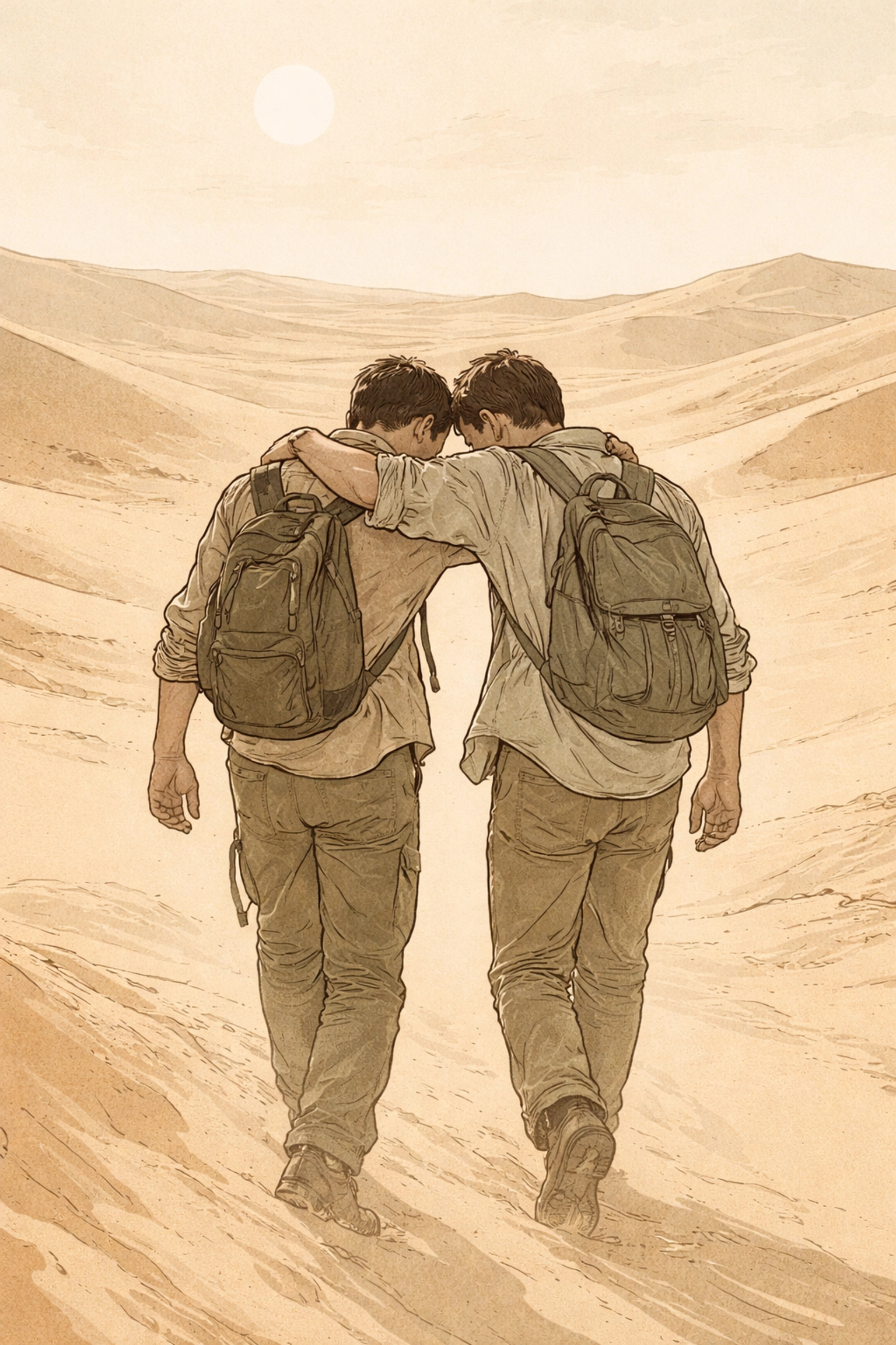 Two men journey together across a harsh desert landscape, supporting each other in a survival partnership.