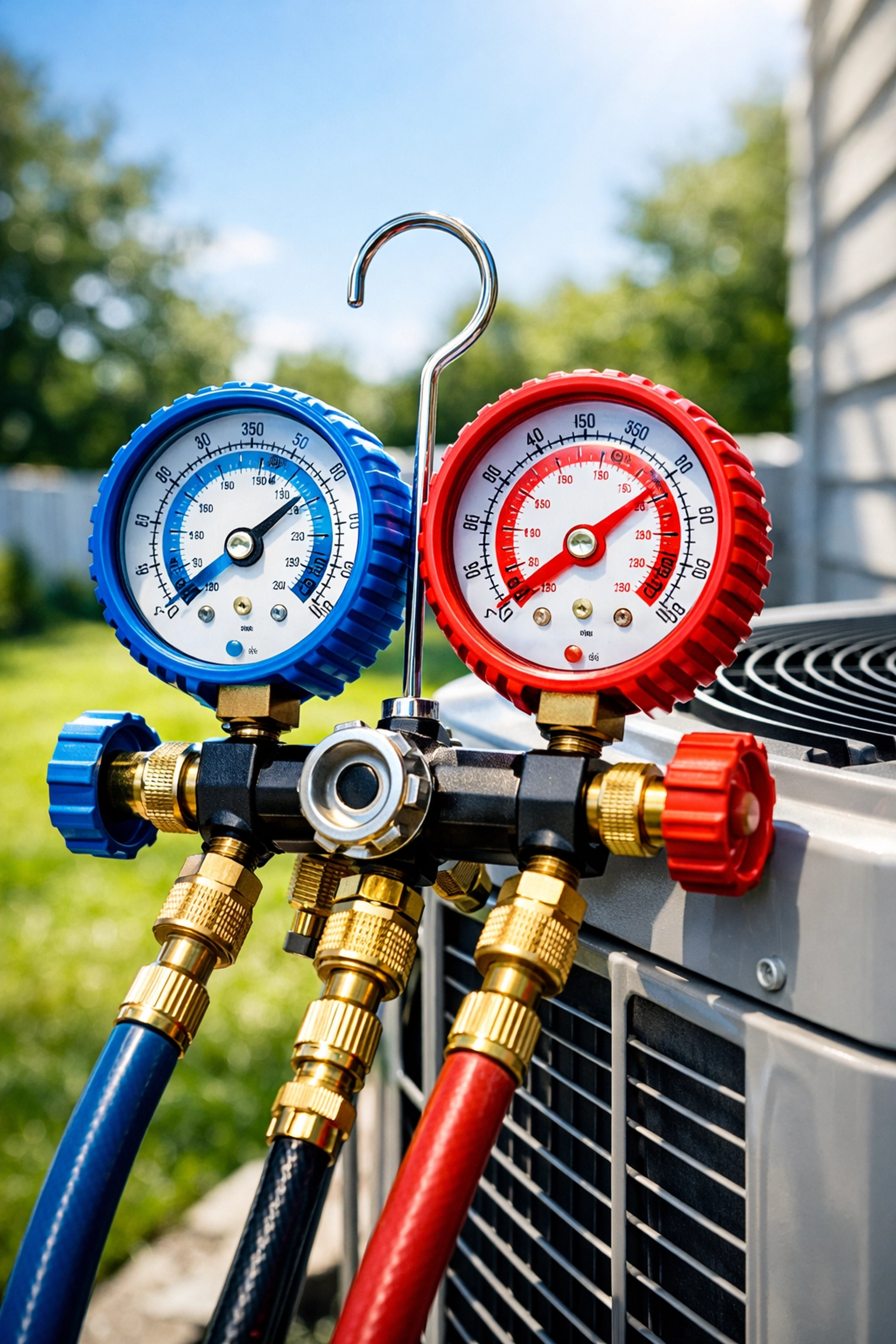 HVAC gauges checking R-410A refrigerant levels during an AC repair in Tonawanda NY.
