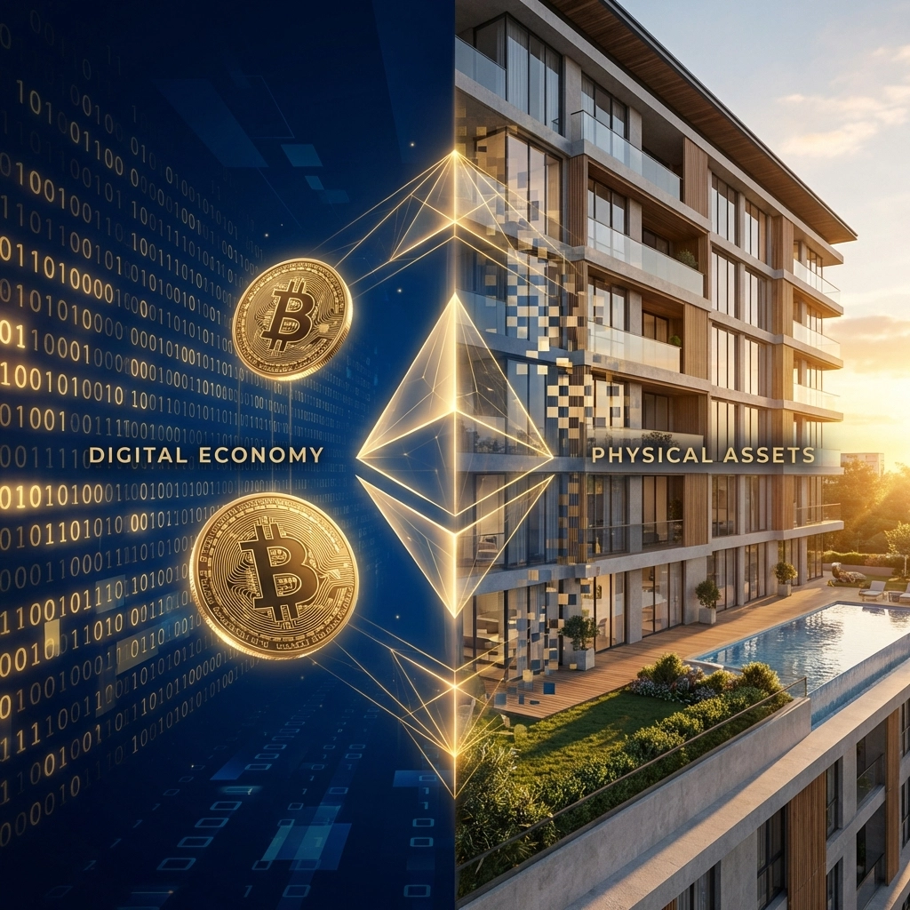 Visual comparison of cryptocurrency coins and modern real estate, highlighting portfolio diversification benefits for accredited investors.