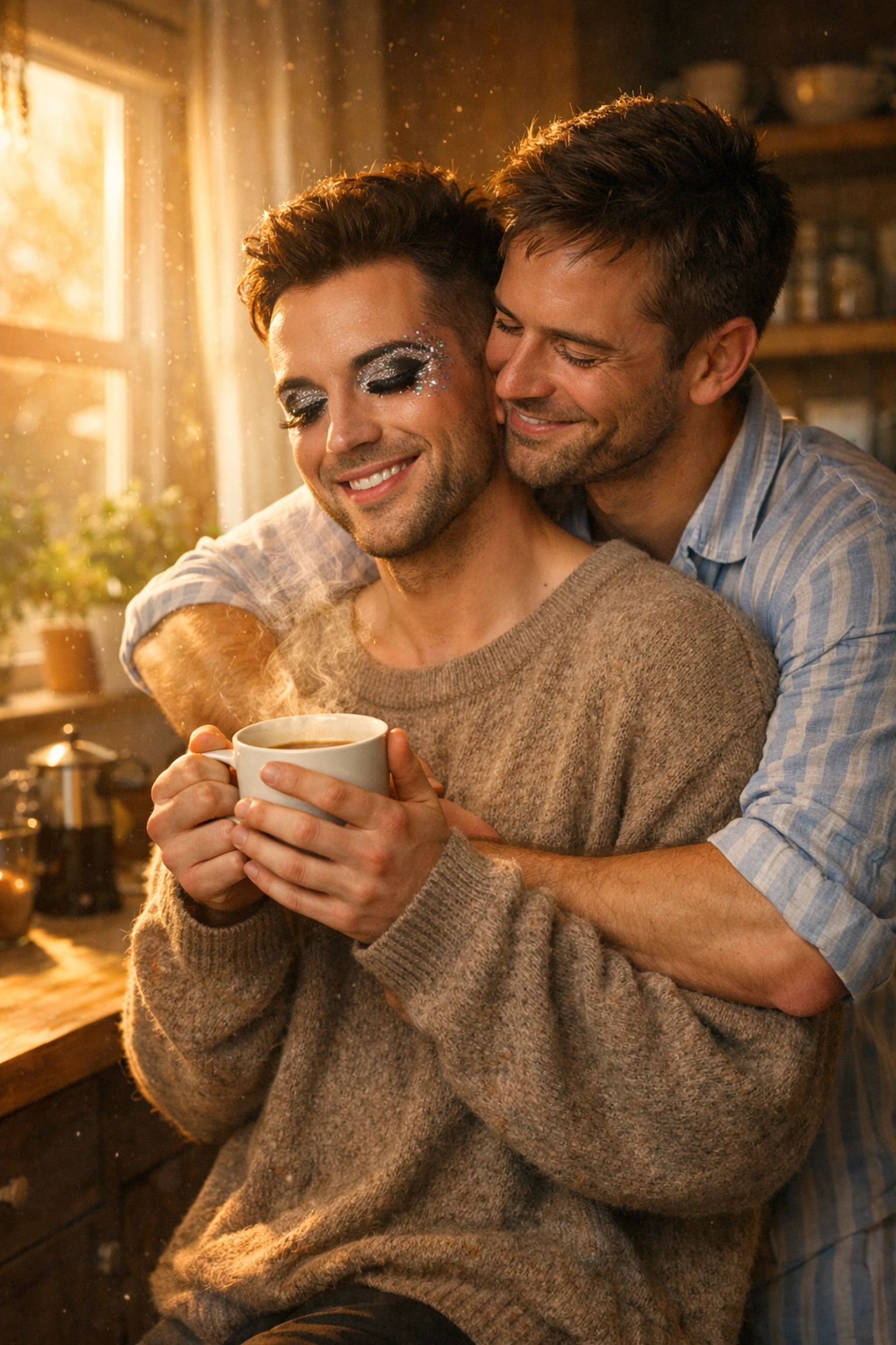 A gay performer and his partner embrace in a warm kitchen, showing a sweet MM romance love story.
