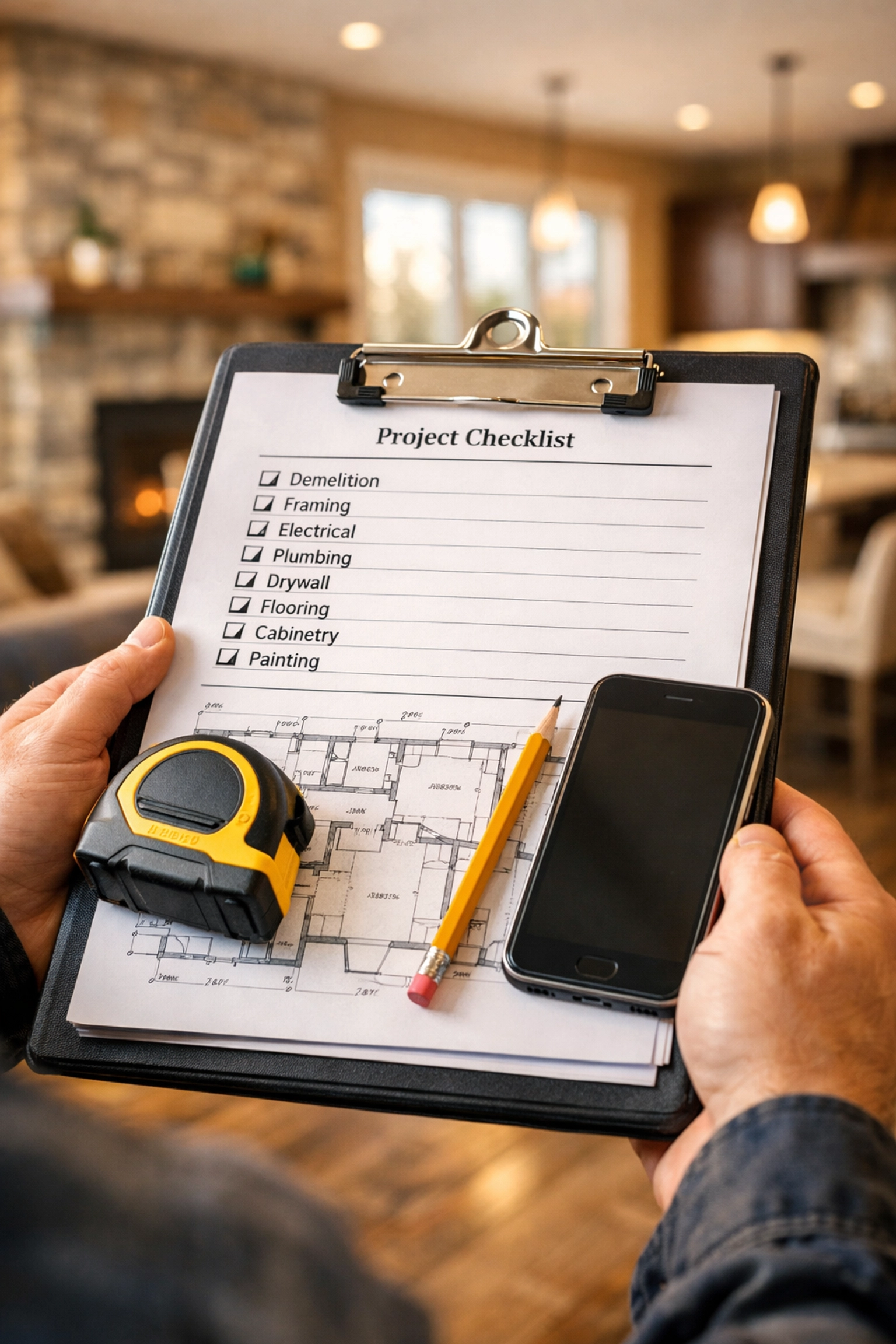 Calgary contractor reviewing project checklist and floor plans during home consultation