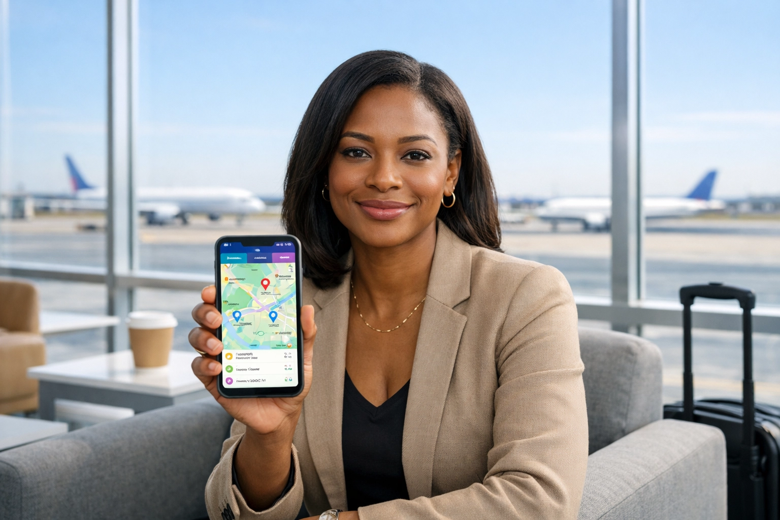 Woman organizing her logistics in an airport lounge using a digital trip planning tool on her phone.