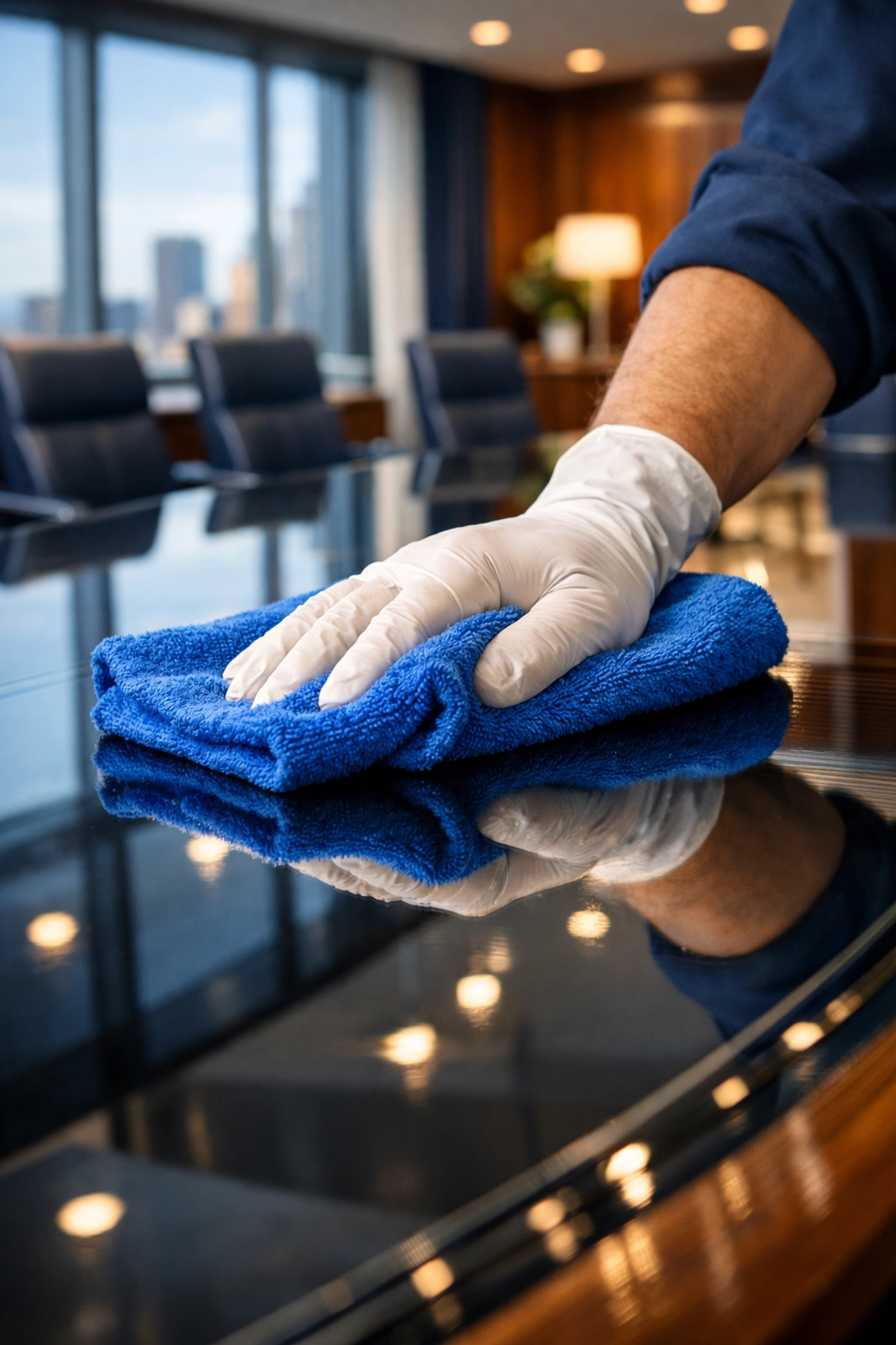 Professional cleaner using a microfiber cloth to sanitize a conference table during Boston office cleaning.