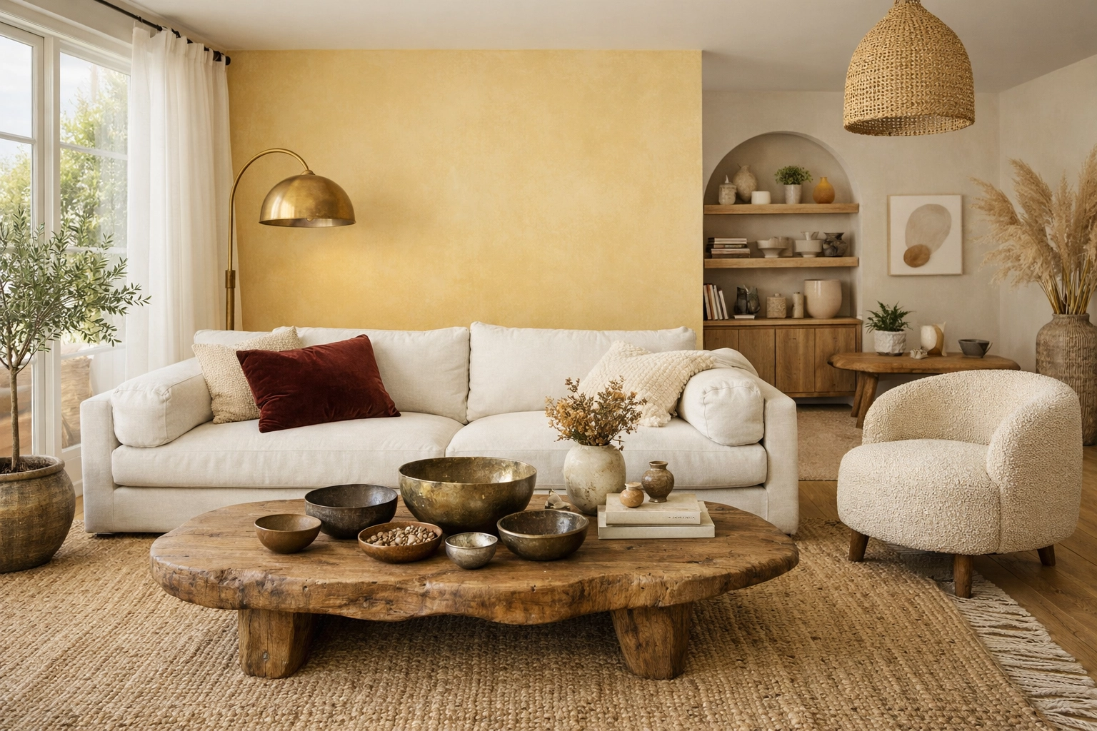 Modern living room featuring 2026 trends like butter yellow walls and cordovan accents.