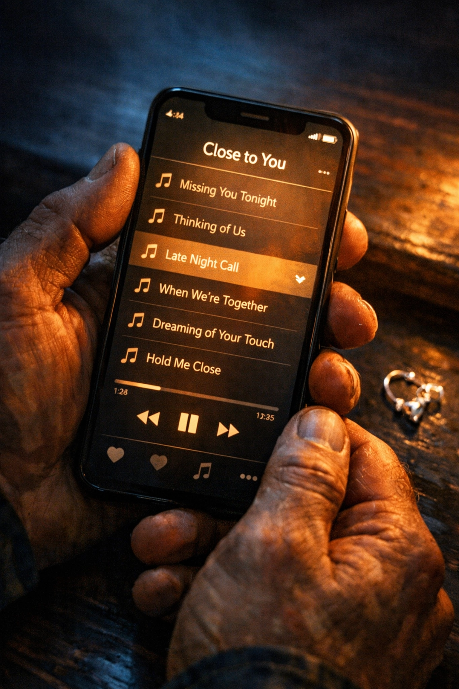 Music playlist on smartphone with silver earring - modern symbols of connection in MM love story