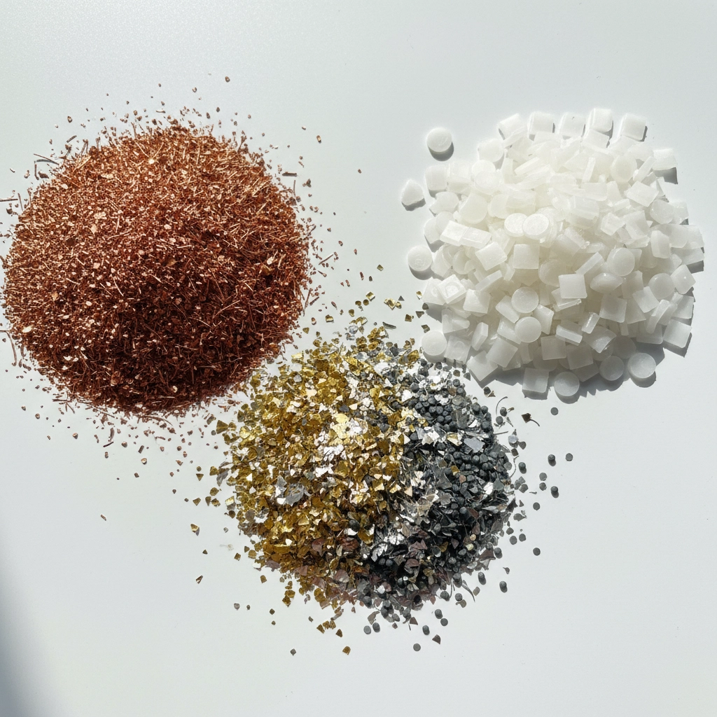 piles of printed circuit board base materials, including copper, gold and palladium