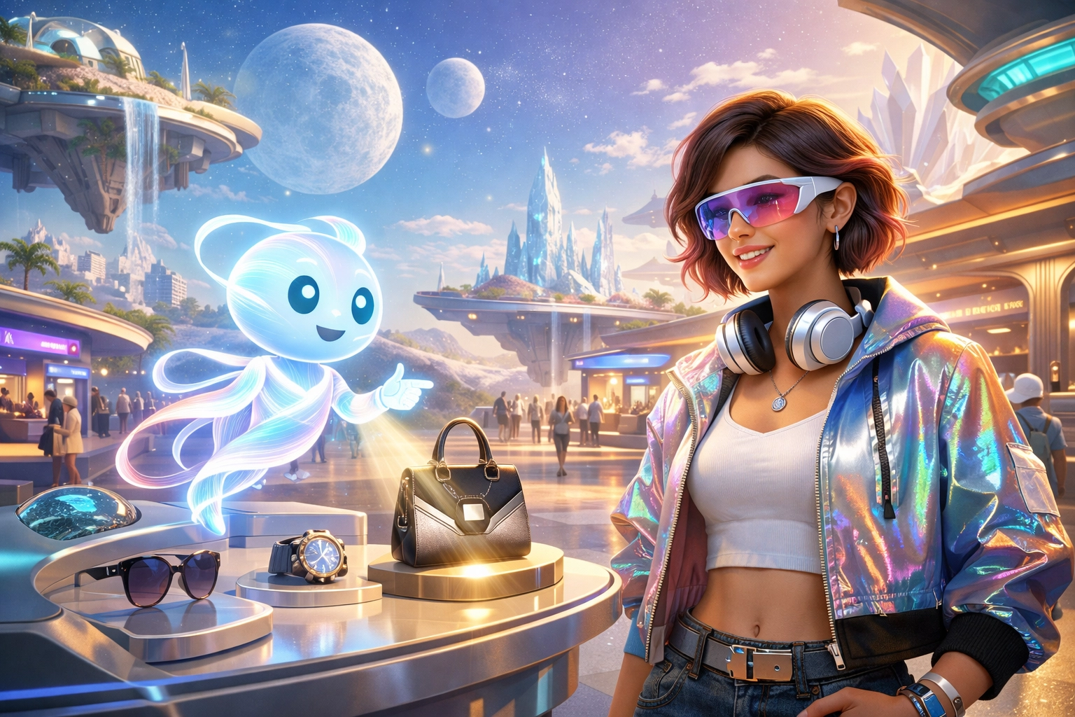 AI shopping assistant guiding an avatar through a digital metaverse marketplace to find products.