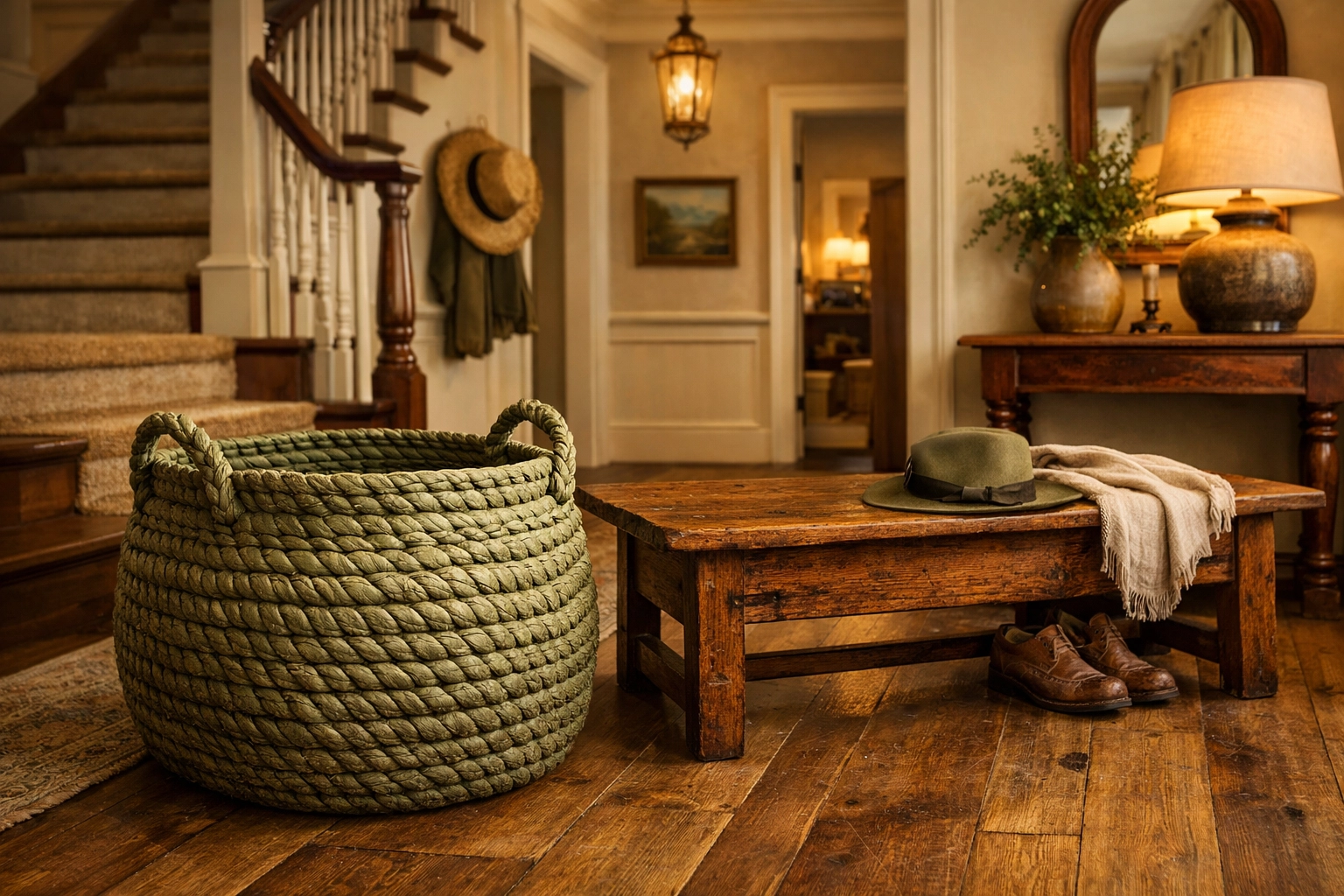 Durable hand-woven basket and handcrafted wooden bench showing high-quality artisan craftsmanship.