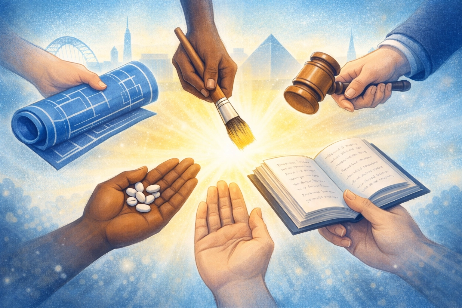 Diverse hands holding different gifts and skills for serving Memphis community