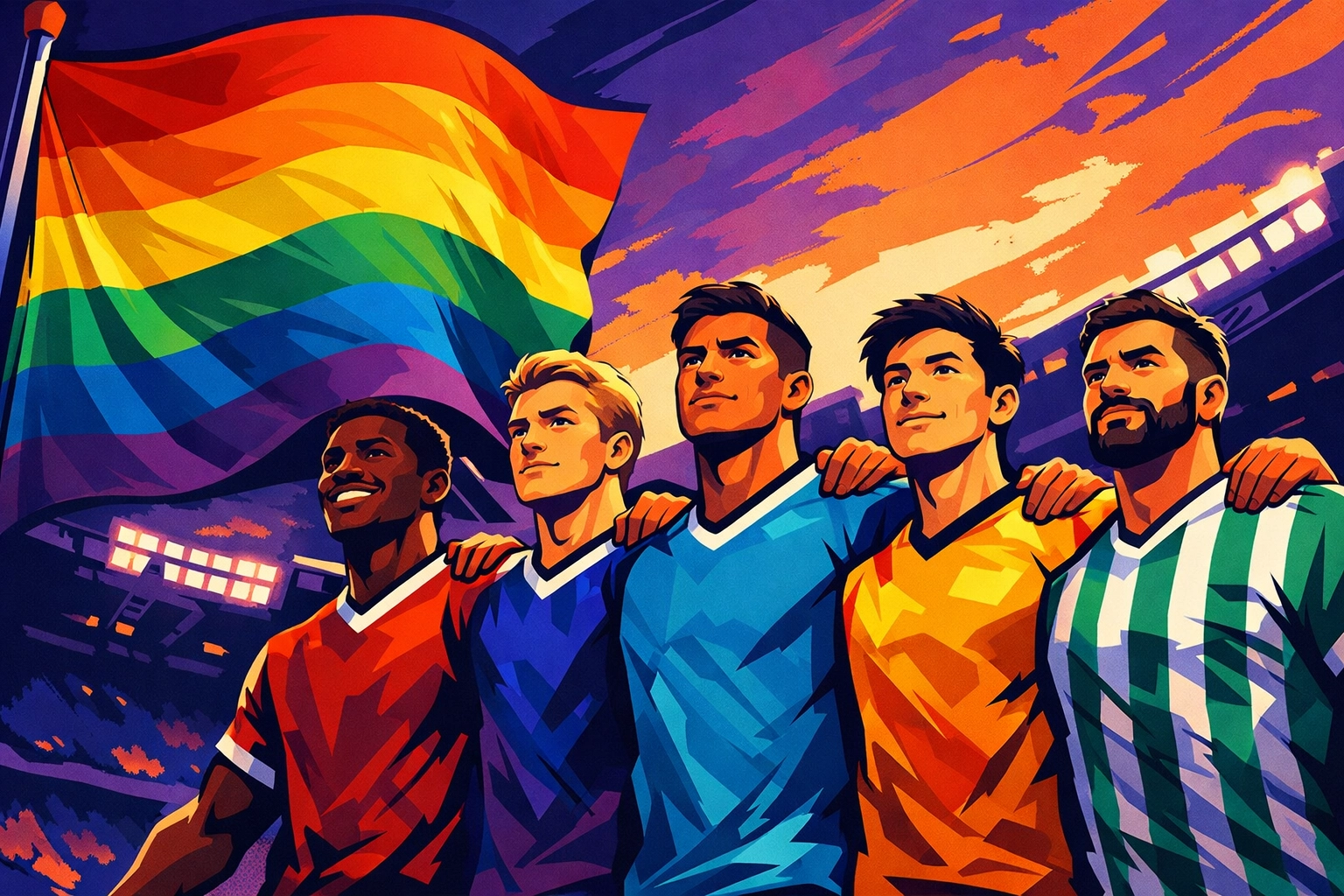 Diverse male soccer players standing united with rainbow pride flag representing LGBTQ+ inclusion