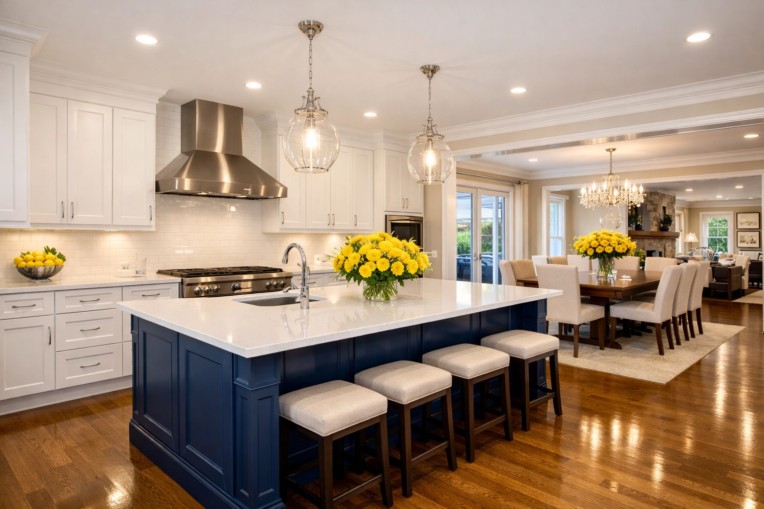 A spotless luxury Westford kitchen following a professional post-construction cleaning service.
