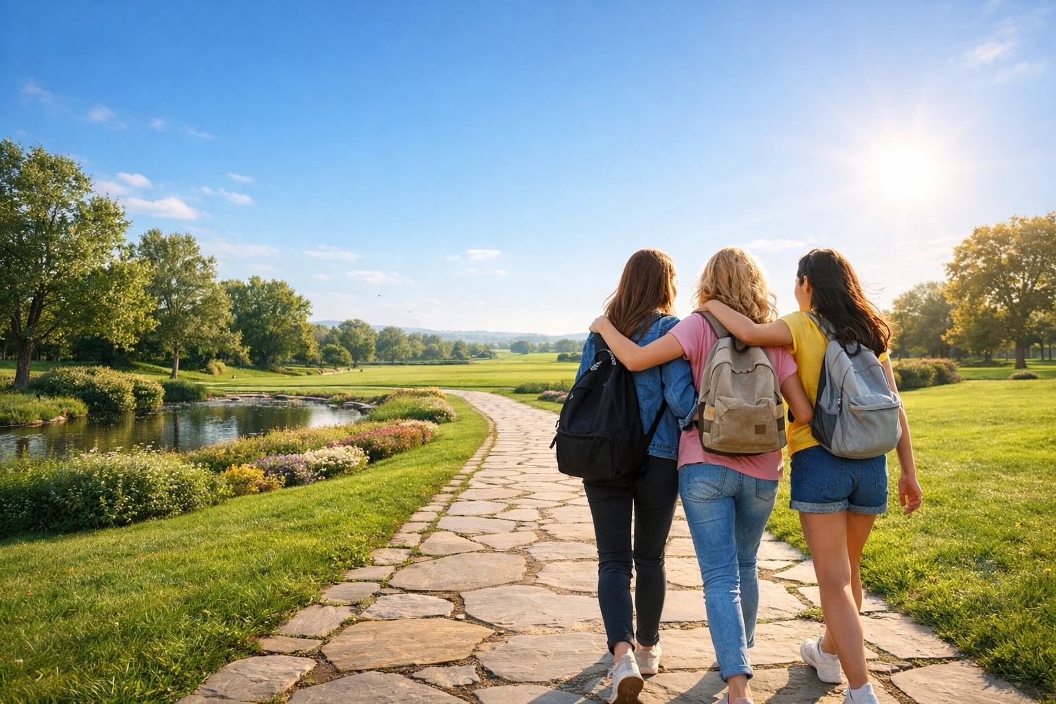 Three teen girls walking a park path, hope and recovery in a youth residential treatment center