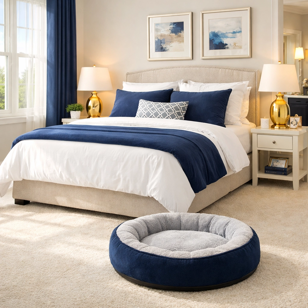 Hair-free rug in a Hingham bedroom suite, highlighting the best luxury house cleaning in Hingham.