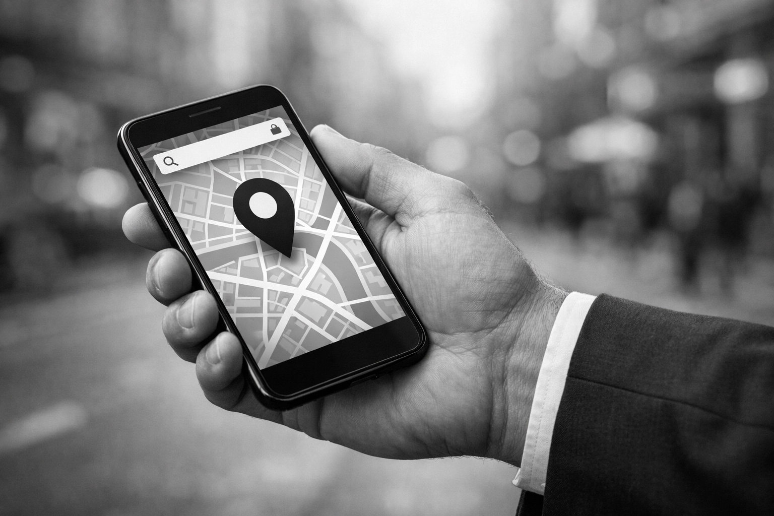 Smartphone displaying map location pin for local business proximity search