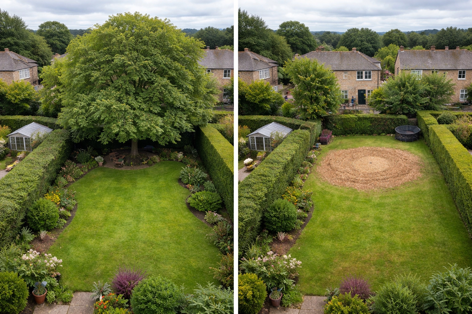 Aerial view contrasting a garden with crown reduction against another after tree removal in County Durham