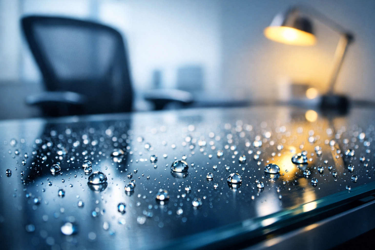 Eco-friendly disinfectant on a glass desk, essential for professional office cleaning in Woburn.