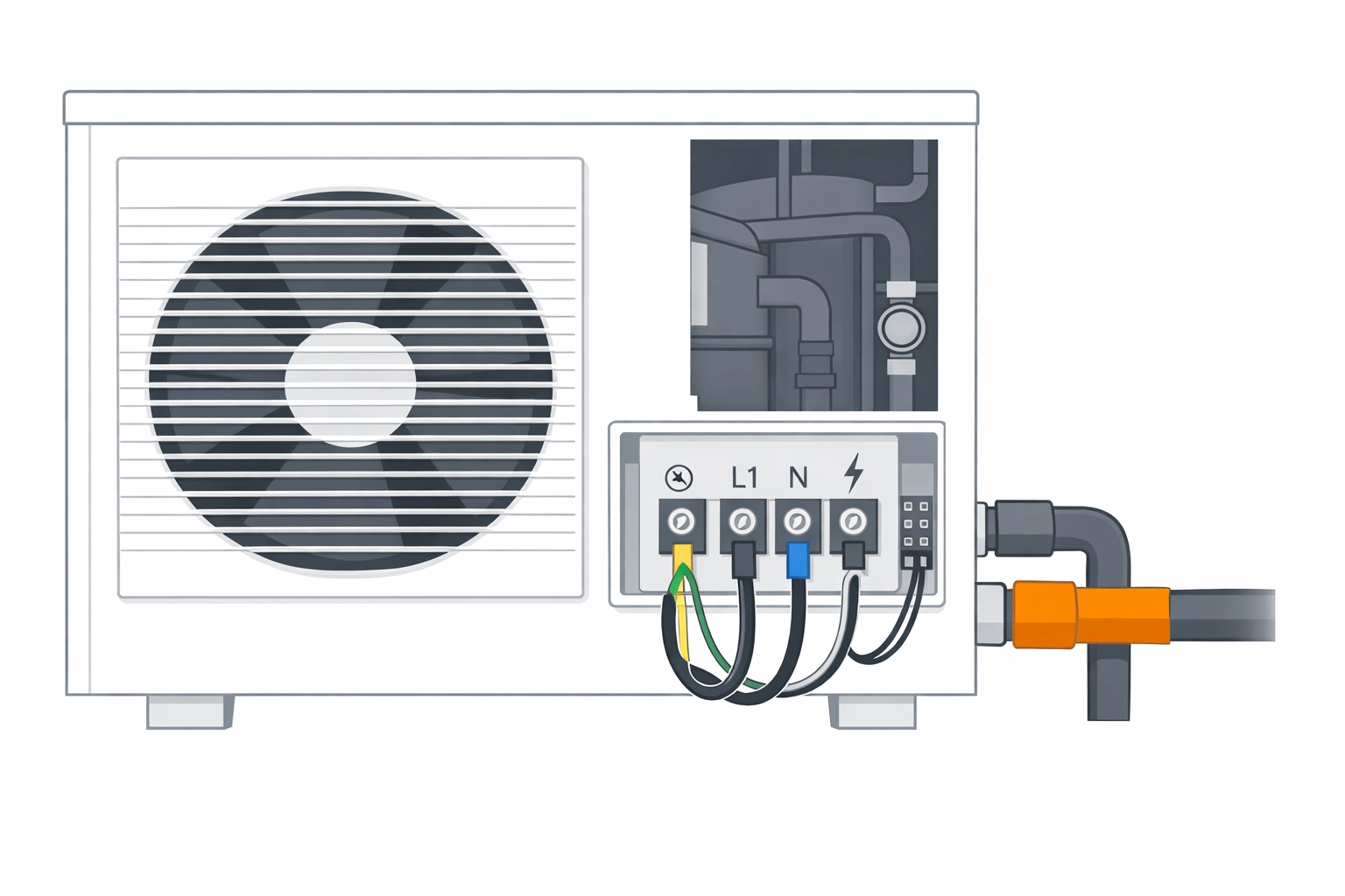 Technische Zeichnung einer Luft-Wasser-Wärmepumpe mit Fokus auf Elektroanschlüsse in Wien.
