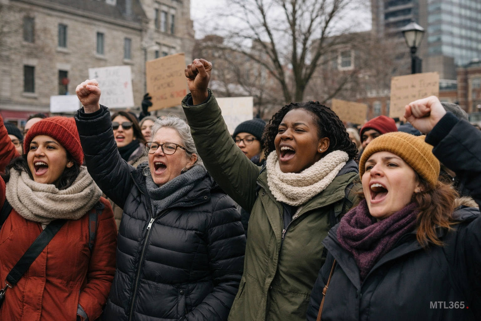 Montreal activists and community members gathered for a local rally and social demonstration outdoors.