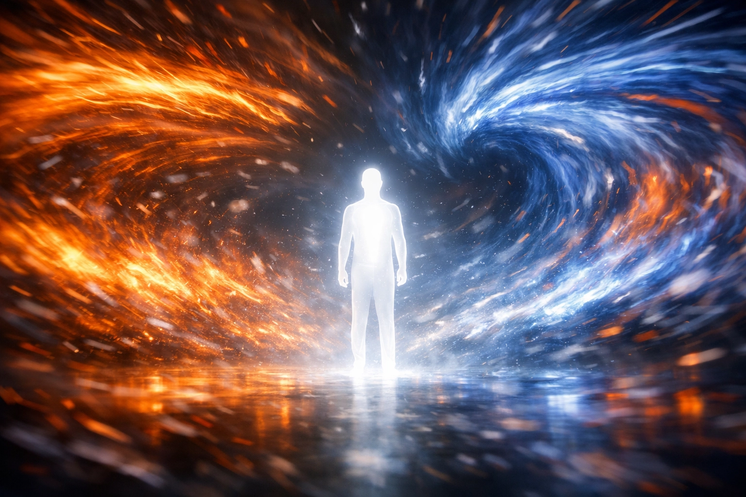 A regulated leader standing calm in a storm, representing high performing leadership presence.