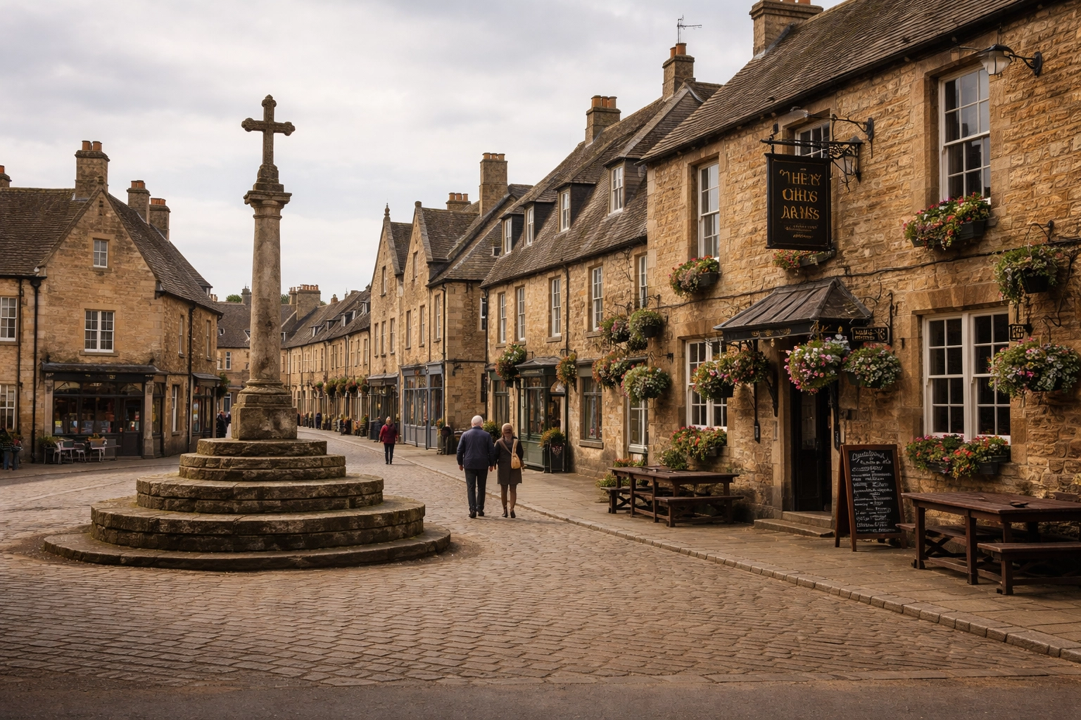 Stow-on-the-Wold market square with historic honey-colored buildings, a key Cotswolds tour stop