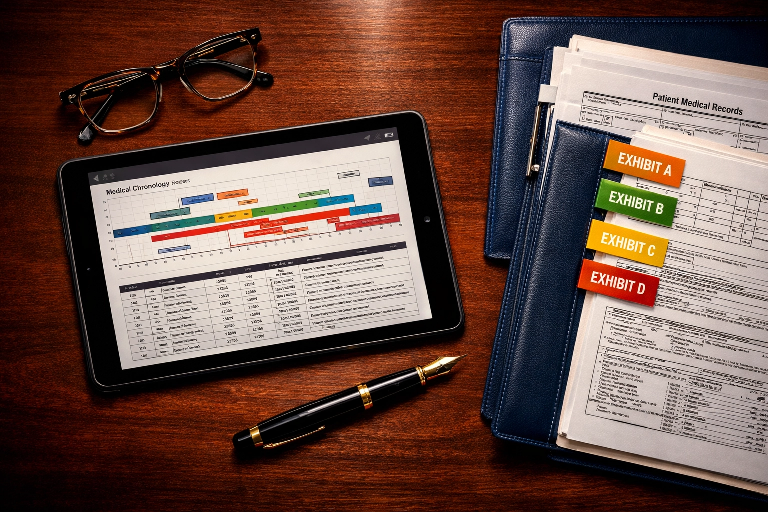 Professional legal nurse services showcasing a detailed medical chronology and organized case files on a desk.