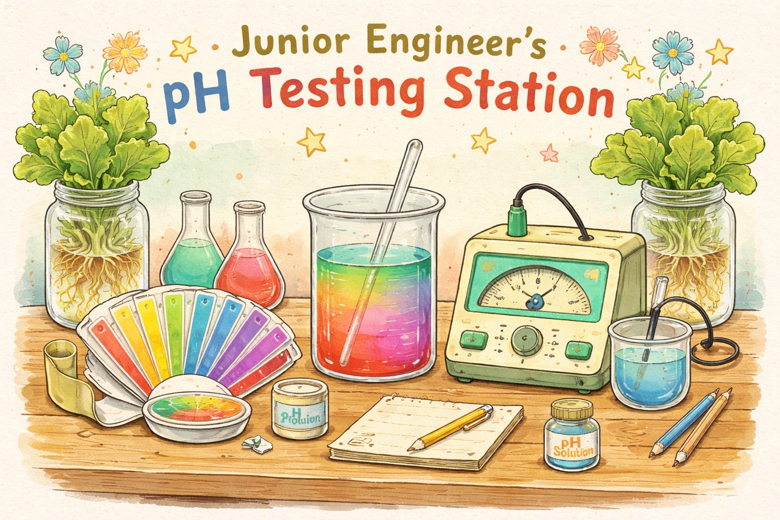 Retro 1950s lab illustration of a pH testing station with test strips, beaker, digital meter, and hydroponic lettuce jars for DIY water chemistry