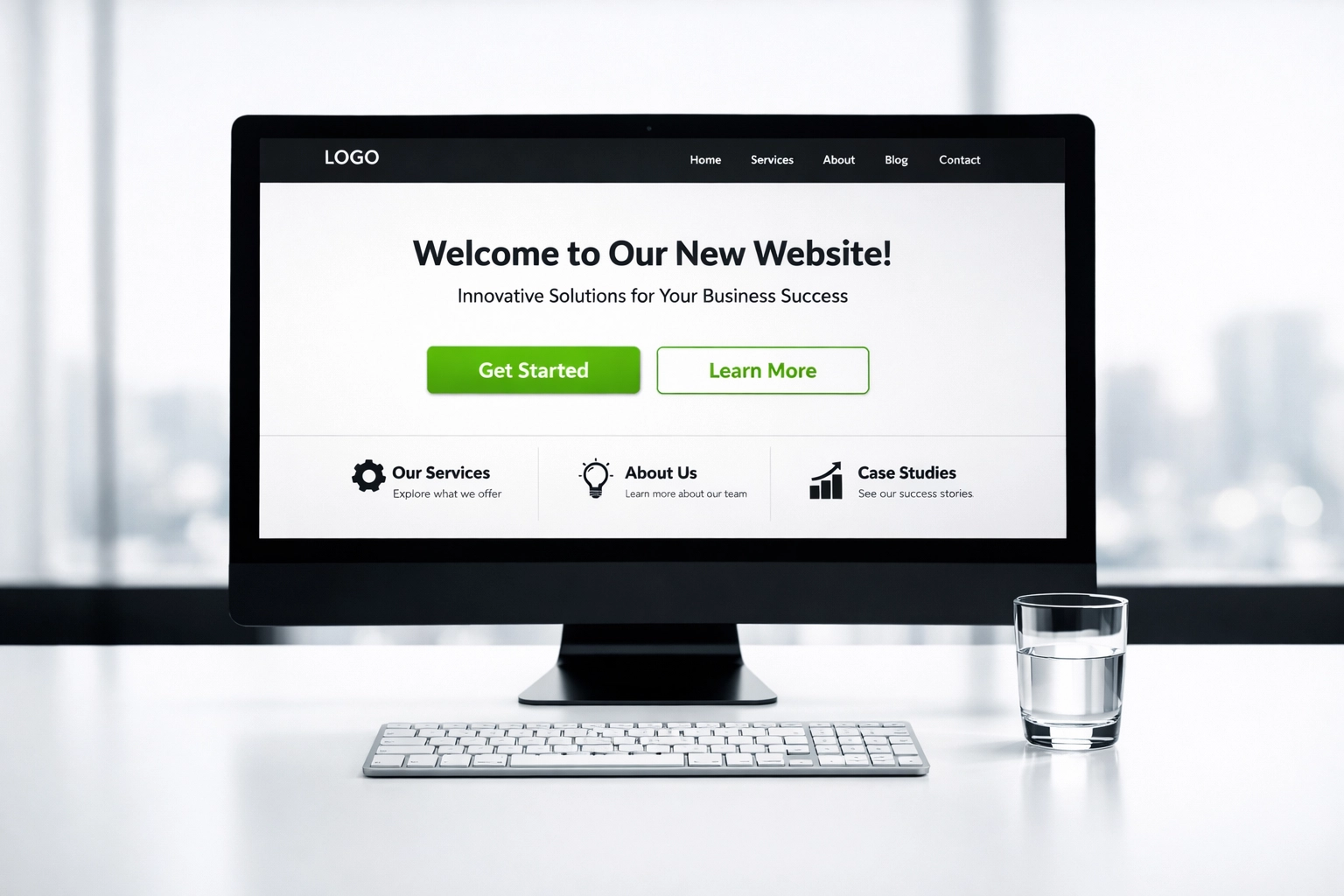 A clean, modern office monitor showing a professional custom website ready for a successful launch.