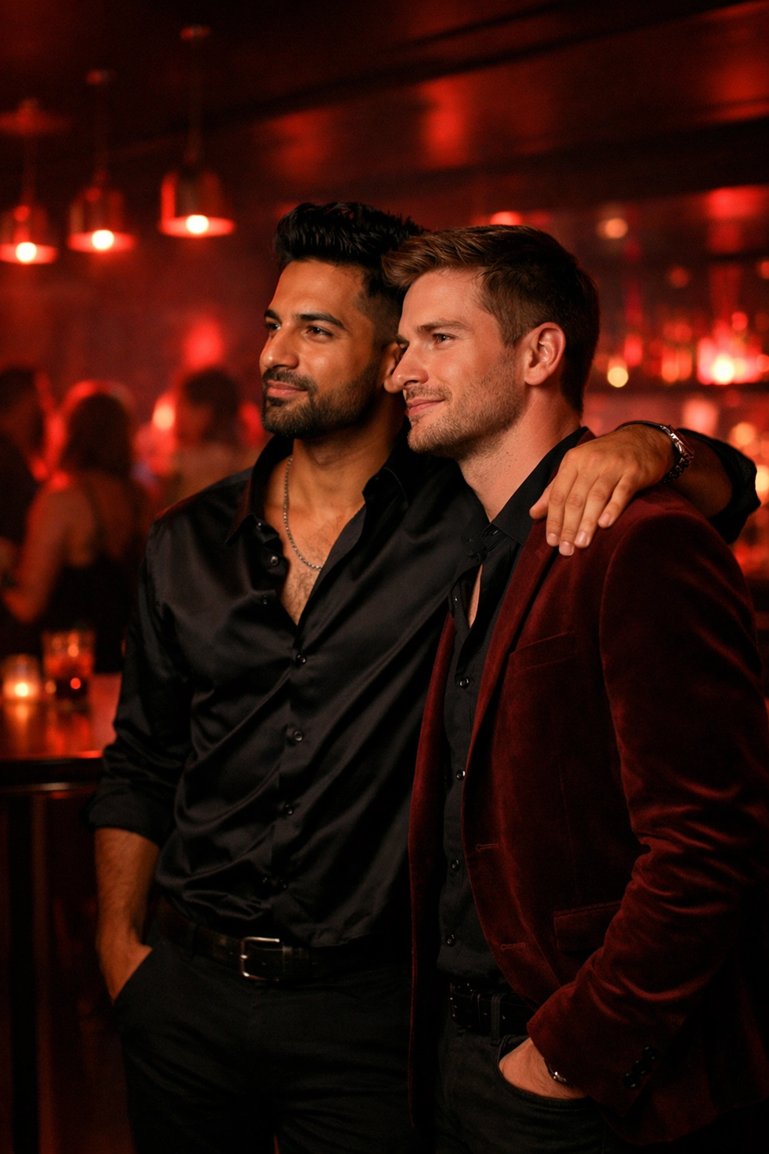 A diverse gay couple standing together at a club, showing the confidence of a strong partnership.