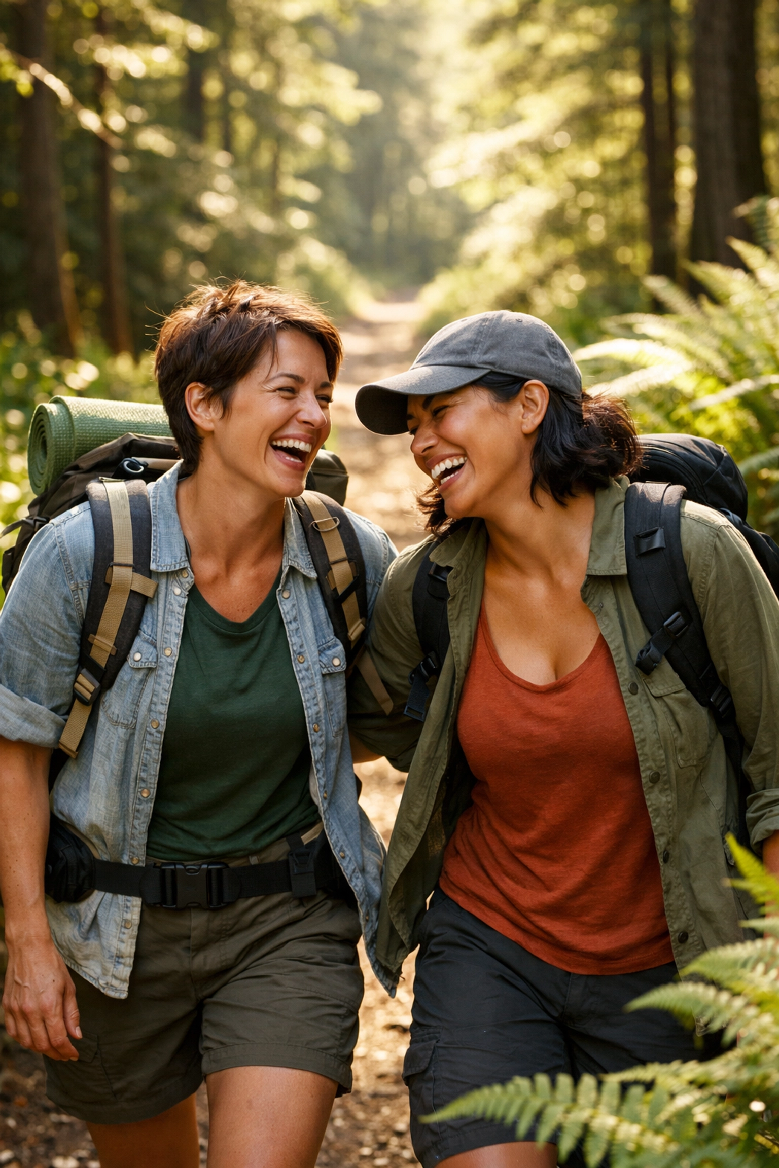 Two lesbian women laughing while hiking a scenic trail, enjoying queer outdoor community and nature.