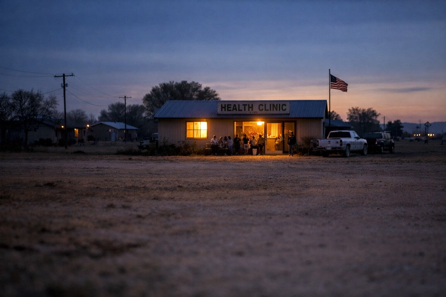 Small rural medical clinic at twilight showing the distance between federal health policy and local patient care.