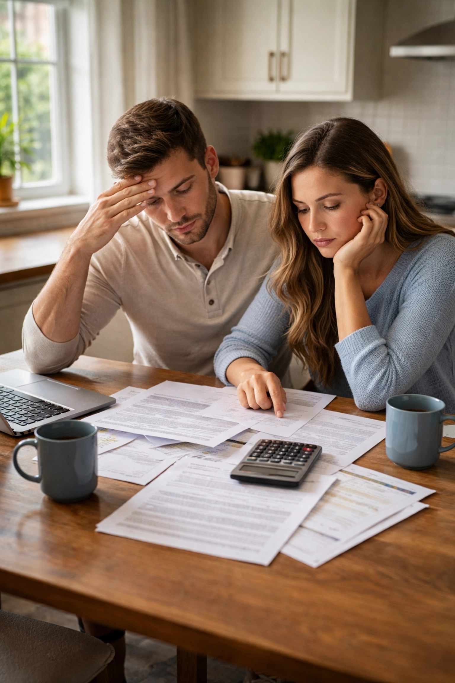Young Connecticut couple reviewing mortgage documents at their kitchen table with a laptop open to mortgage options, illustrating the pressure homeowners feel when lenders present add-on insurance products at closing.
