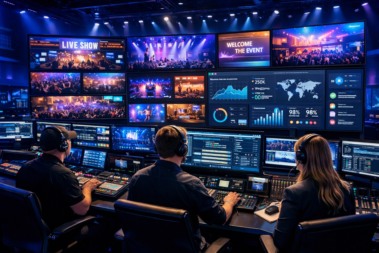 Entertainment venue control room with multiple monitors managing digital signage and production technology