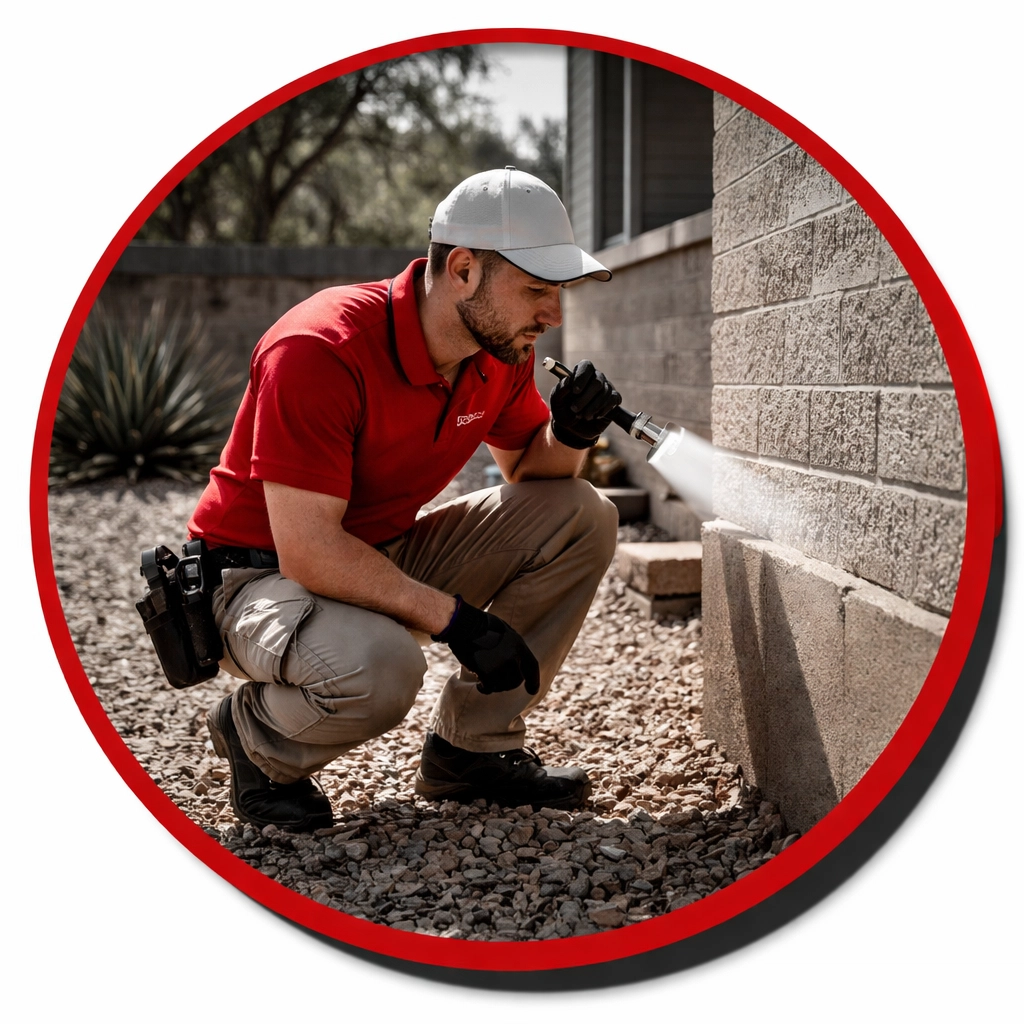 Pest control expert inspecting a home's foundation for cracks to assess snake entry points in Coolidge, AZ.