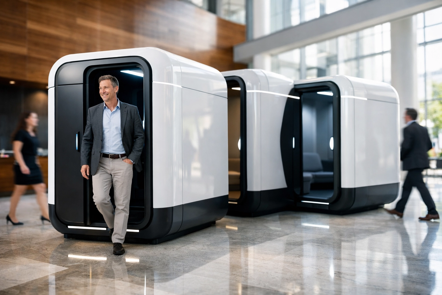 Cluster of futuristic high-tech pods in a modern corporate lobby for professional content creation and focused work.