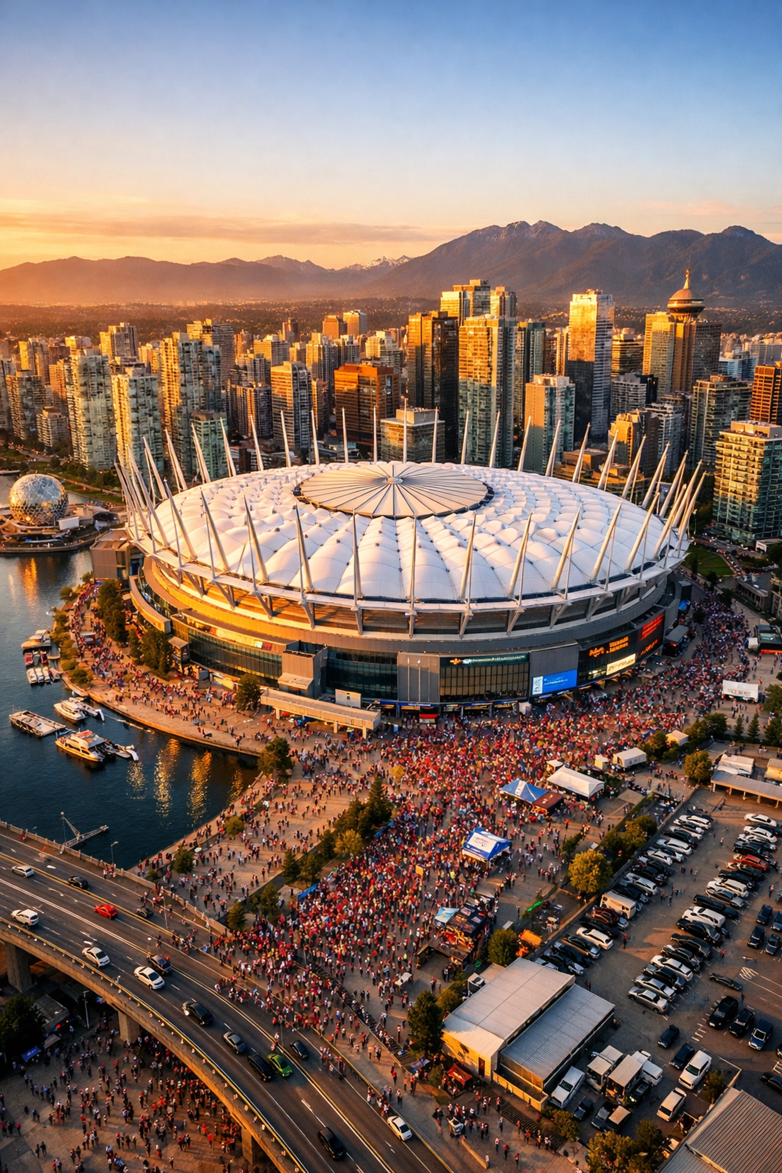 BC Place stadium in Vancouver with crowds arriving for FIFA 2026 World Cup matches