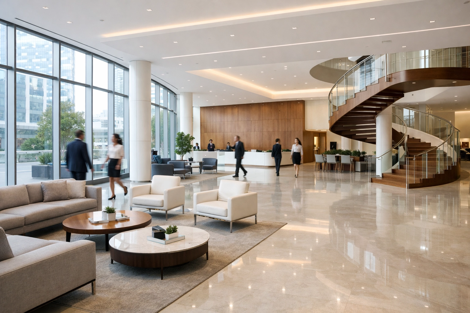 Polished stone floors in a sunlit modern corporate lobby in a Midwest metropolitan hub.