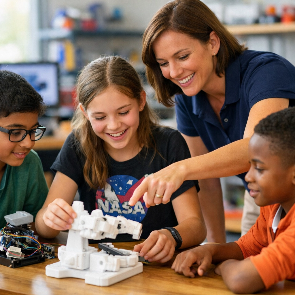 Middle school students collaborating with a professional mentor in a STEM lab on a 3D-printed prototype.