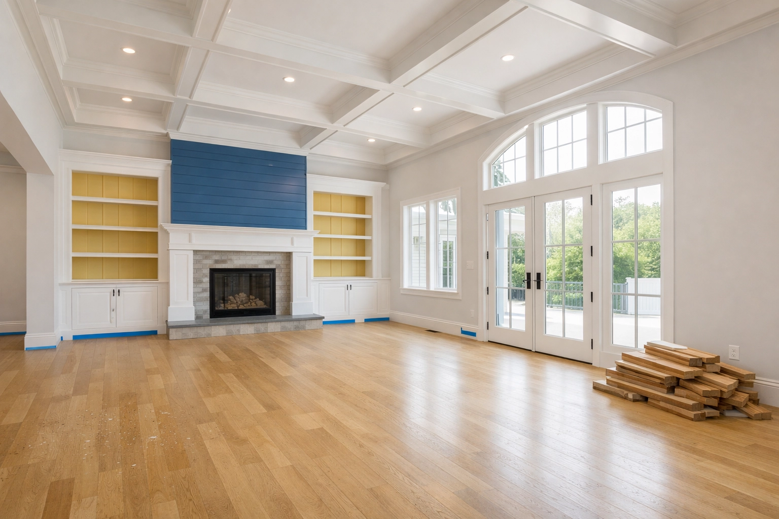 Massachusetts living room ready for post-construction cleaning after removing large construction debris.