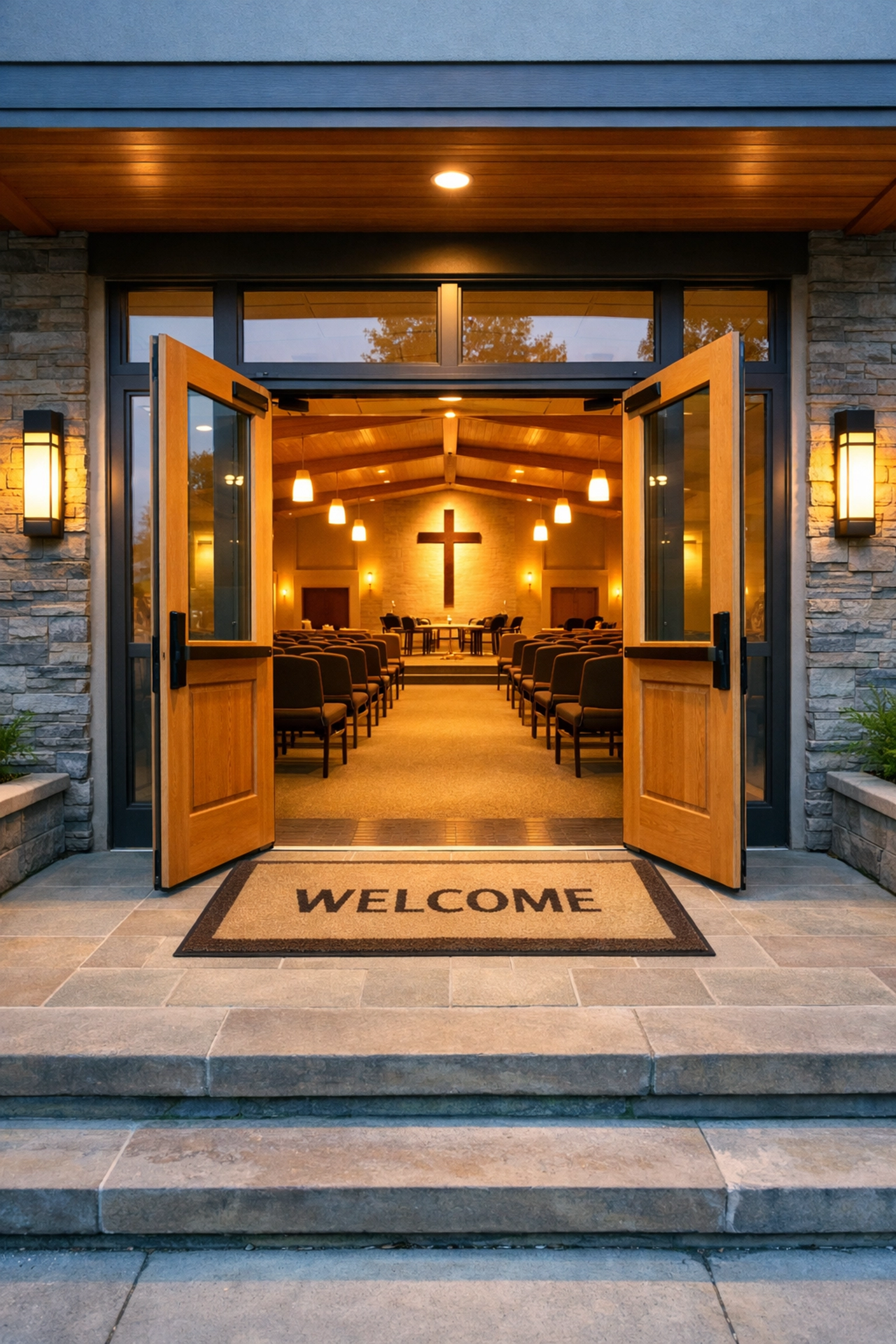 Welcoming open doors of contemporary church building inviting visitors inside Welcoming open doors of contemporary church building inviting visitors inside