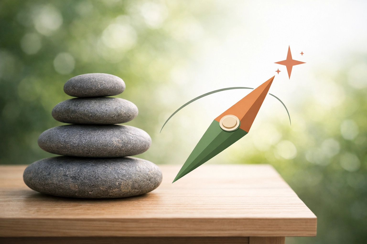 Stacked stones and a compass representing a balanced retirement withdrawal strategy and tax precision.