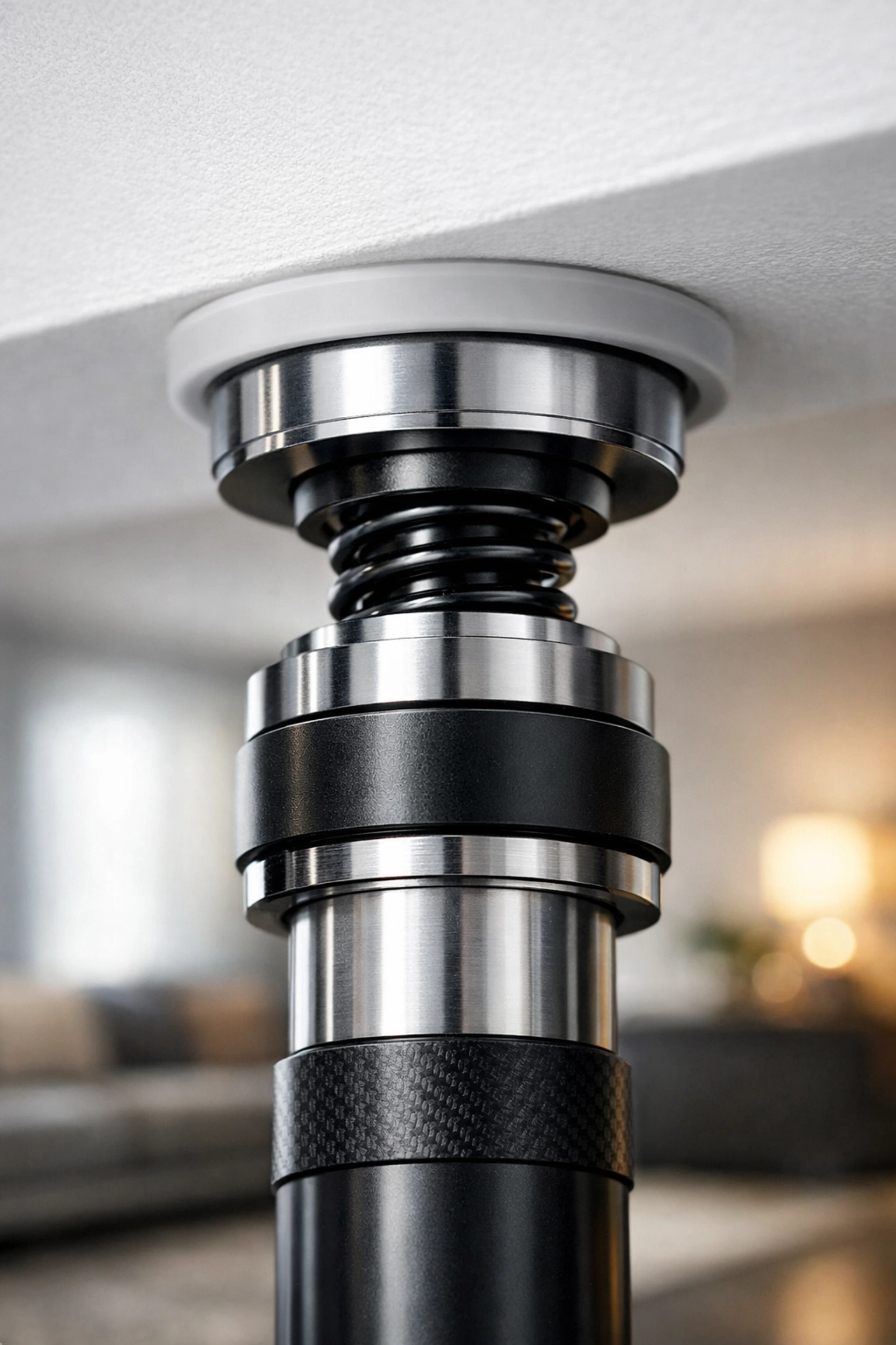 Close-up of the no wall damage workout system showing the secure ceiling compression mount.