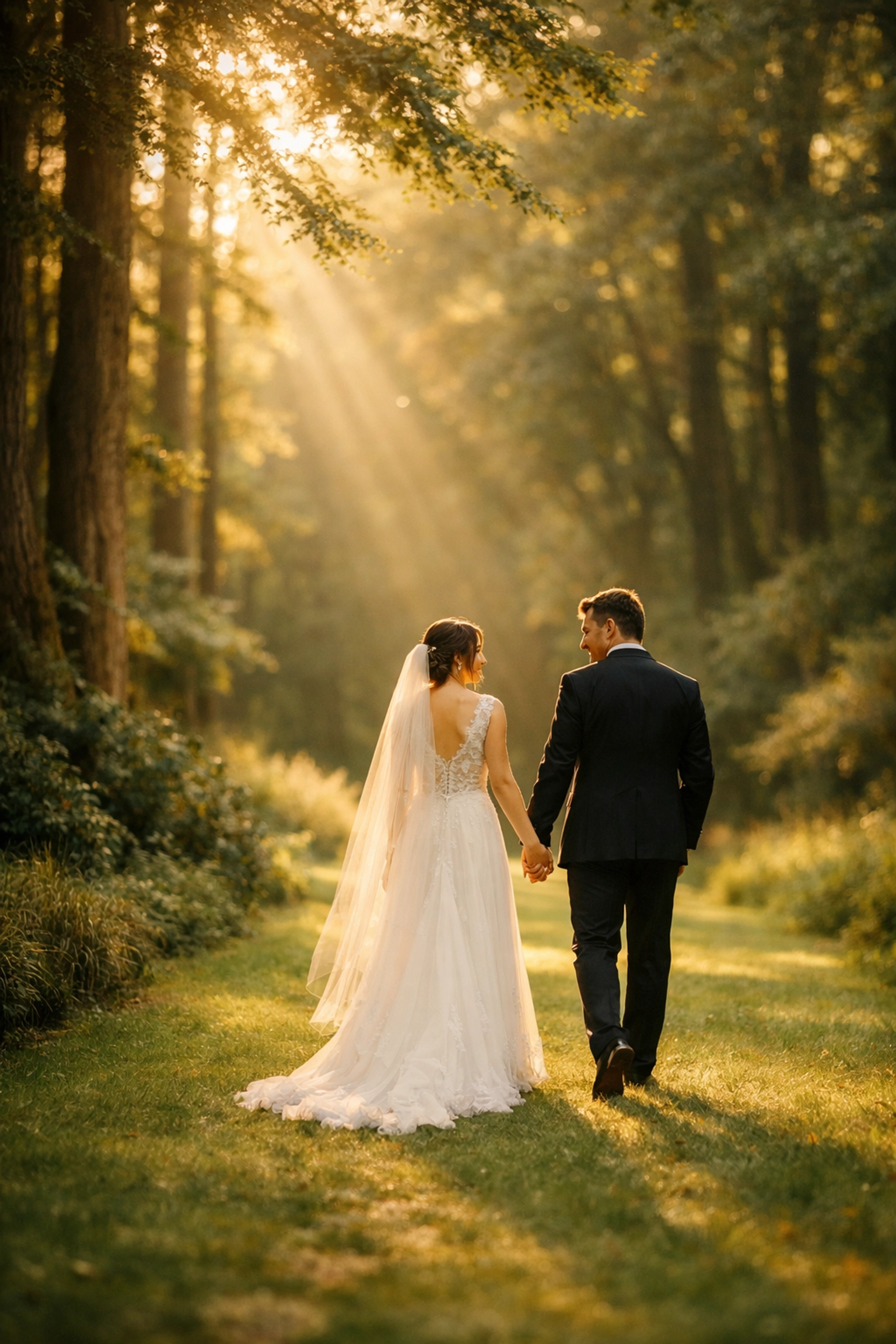 Romantic couple walking along a forest path at golden hour for woodland wedding photos.