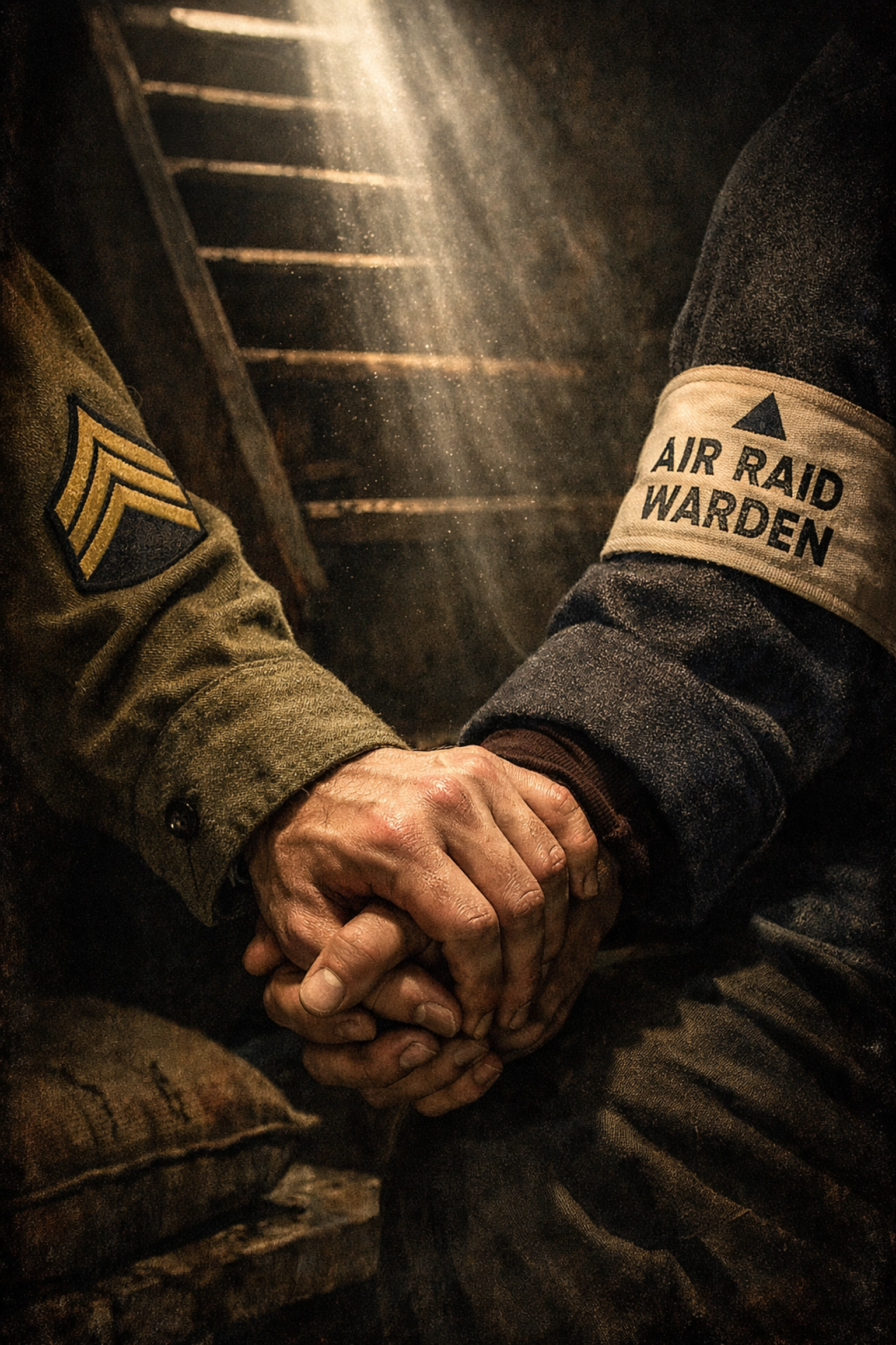 Two men holding hands in WWII shelter symbolizing forbidden gay love during wartime