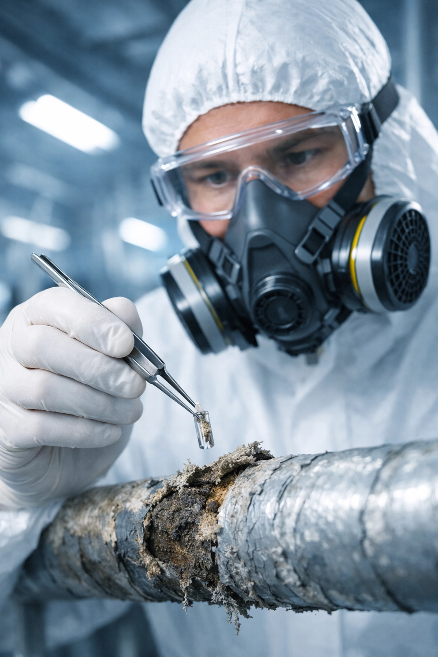 Environmental consultant conducting asbestos testing and hazardous materials survey on pipes.
