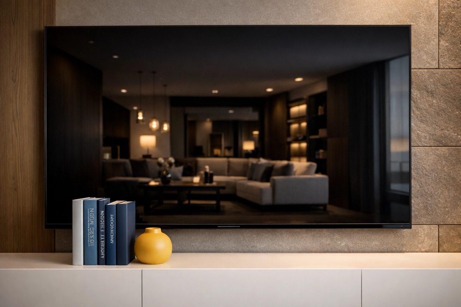 A spotless television screen and organized entertainment center after a professional Fitchburg house cleaning.