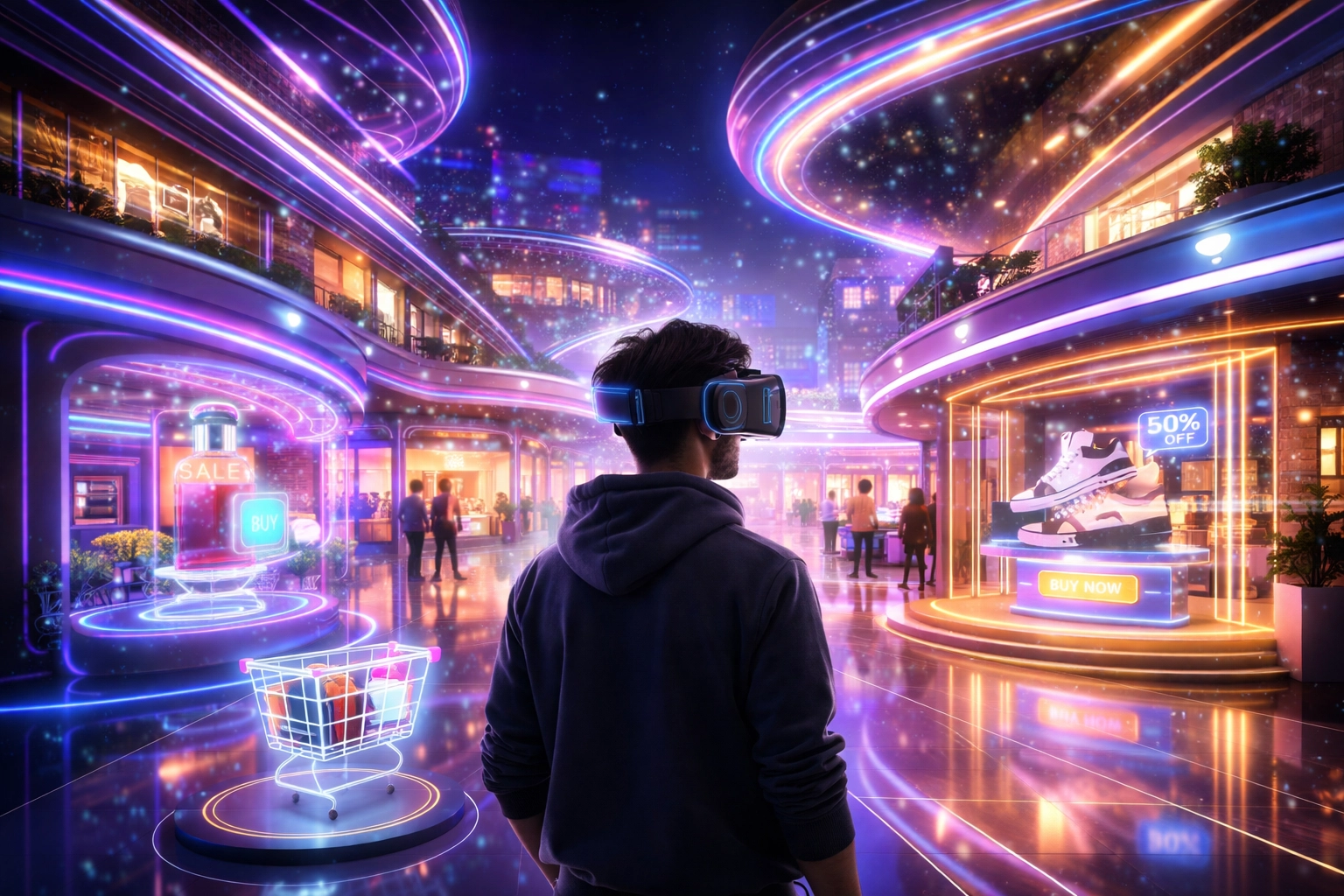 Shopper using VR in a virtual mall representing the future of metaverse shopping and crypto payments with Larecoin