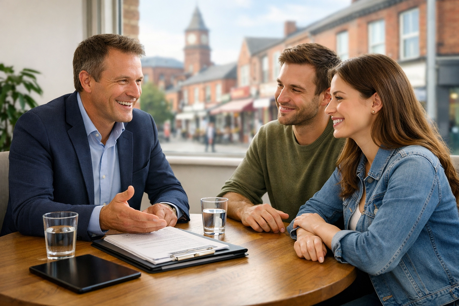 A friendly Hunter Capital advisor discussing mortgage and protection insurance options with a local couple.