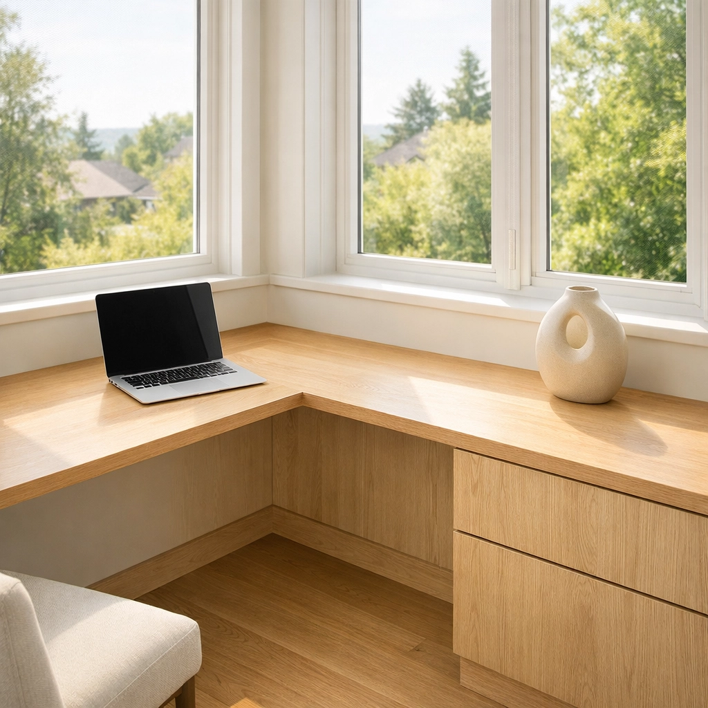 Custom white oak L-shaped desk for a modern home office renovation in Nelson, MN.